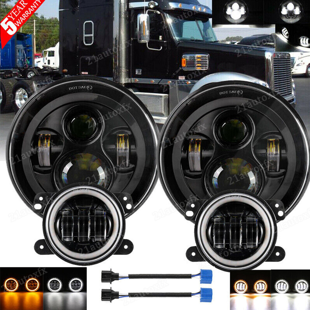 7“ LED Headlight Round Projector Hi/Lo+ 4“ Fog Light For Freightliner Coronado