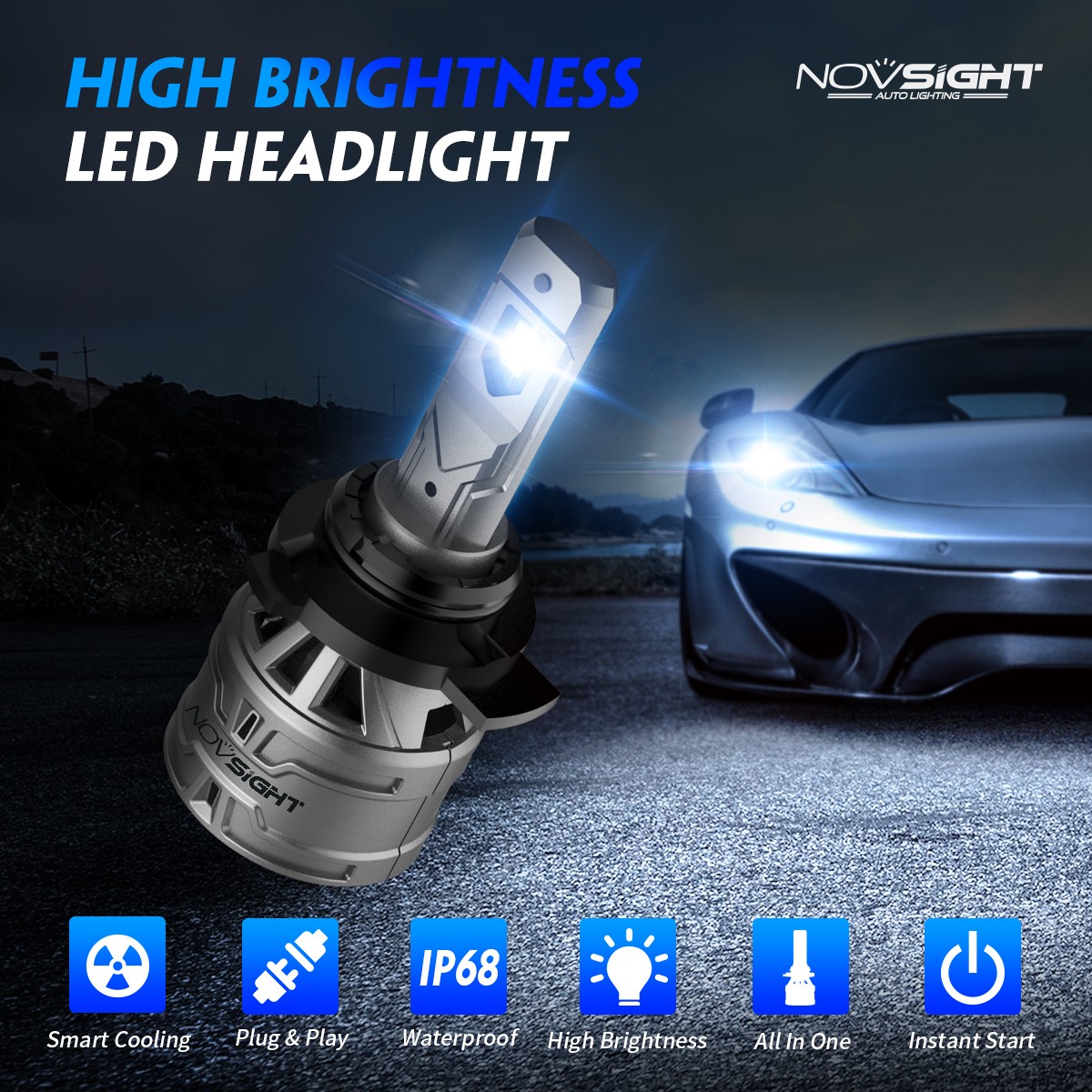 NOVSIGHT 9012 LED Headlight Bulbs kit Hi Low Beam 6500K Super Bright High Power