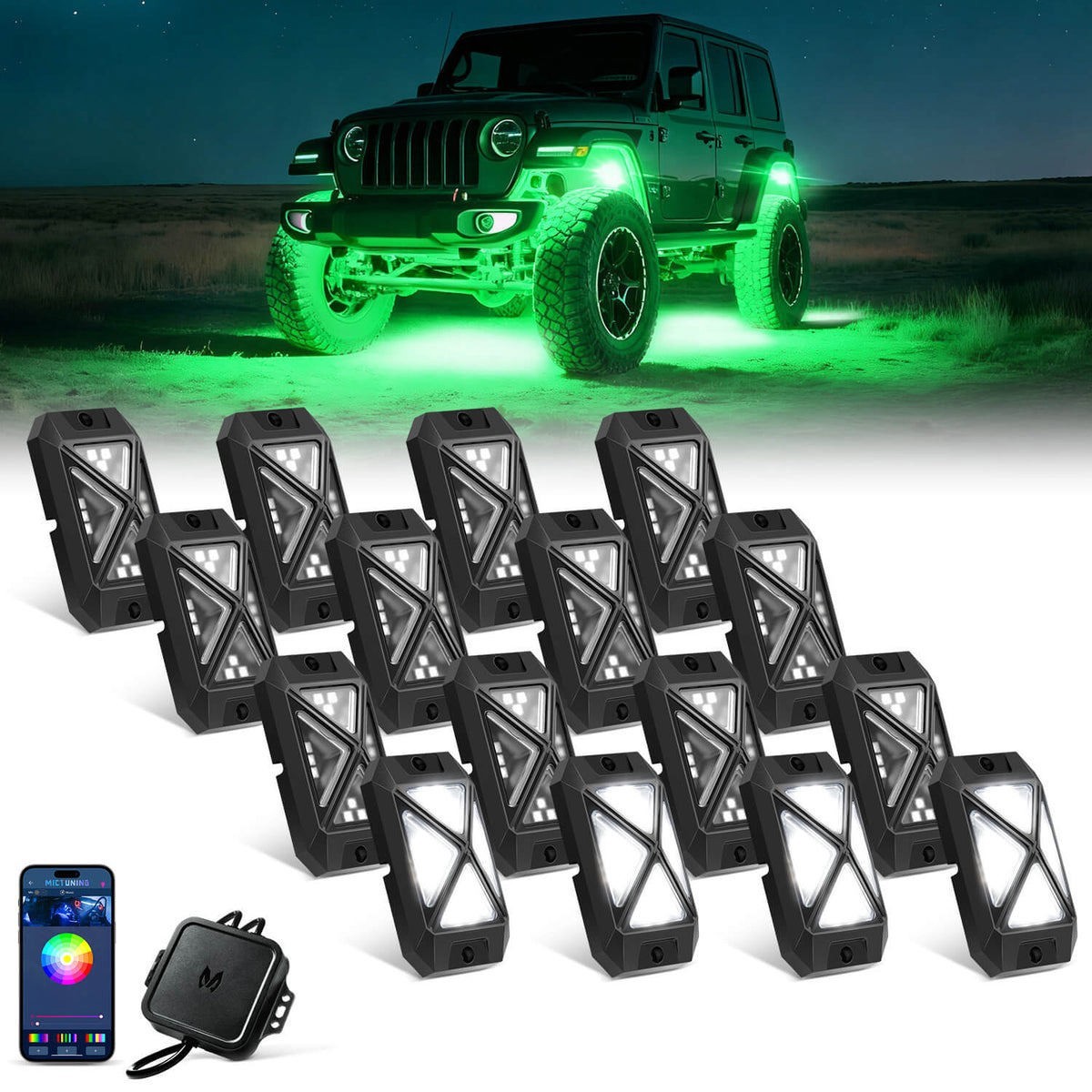 MICTUNING 16 Pods RGBW LED Rock Lights APP Control 4-Side LED Underglow Neon Kit