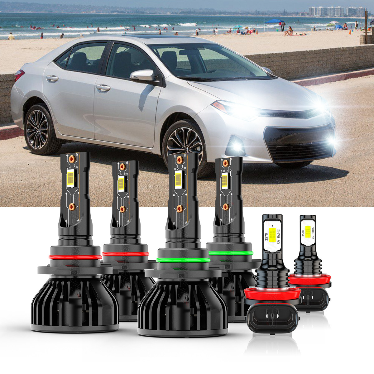 9005+9006+H11 LED Combo Headlight Fog Light Kit High Low Beam Bulb 6K White