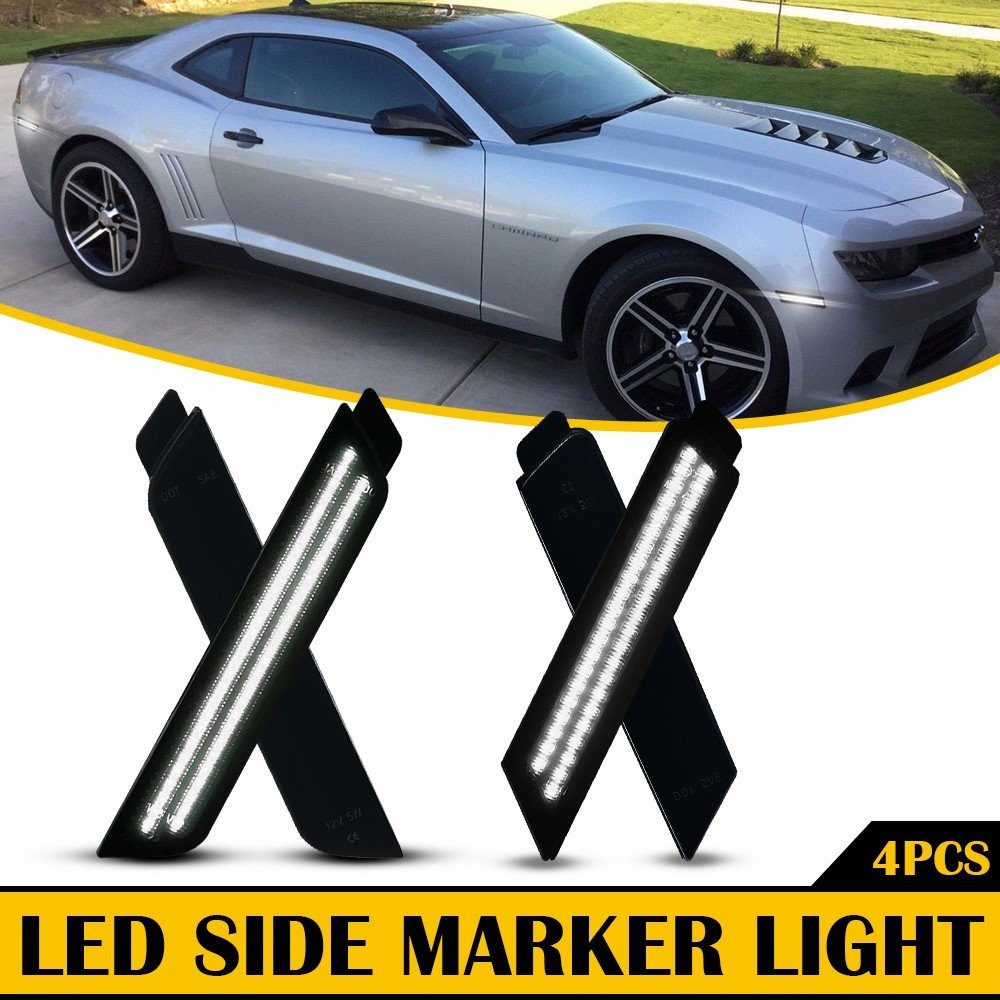 Front+Rear White Smoked LED Side Marker Bumper Light For Chevy Camaro 2010-2015