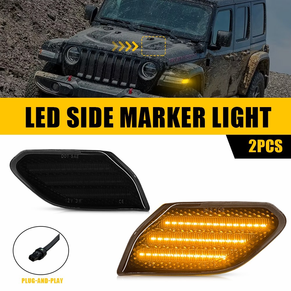 2Pcs Front Left Right Smoked LED Fender Side Marker Lights For 18+ JL / 20+ JT