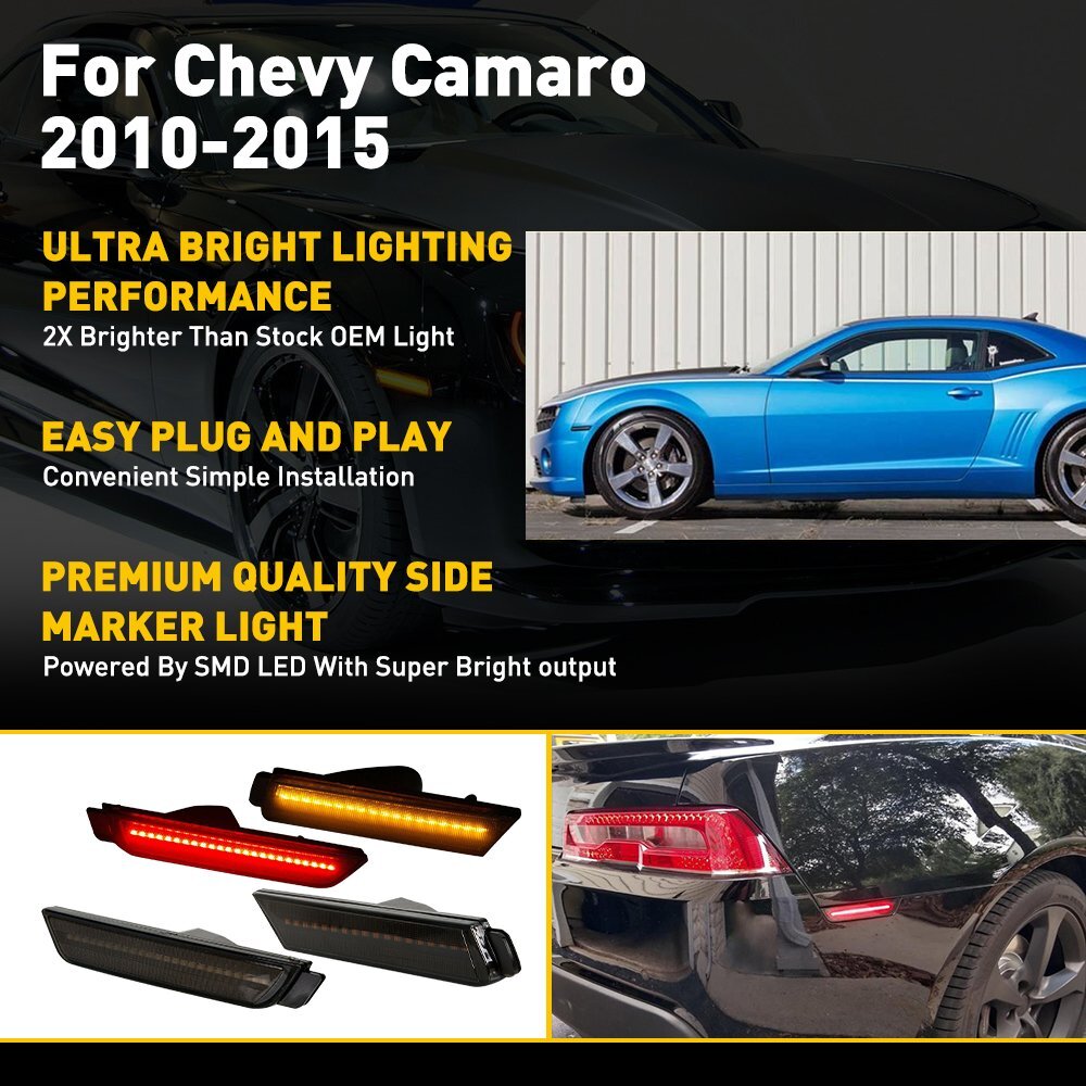 Smoked & Front Rear LED Bumper Side Marker Light Lamp For Chevy Camaro 2010-2015