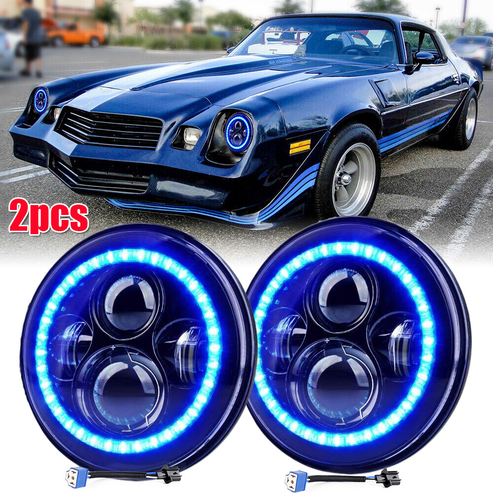 2x Fit Chevrolet Camaro 1967-81 7″ Round LED Headlights Hi-Lo Beam Blue Halo DRL
