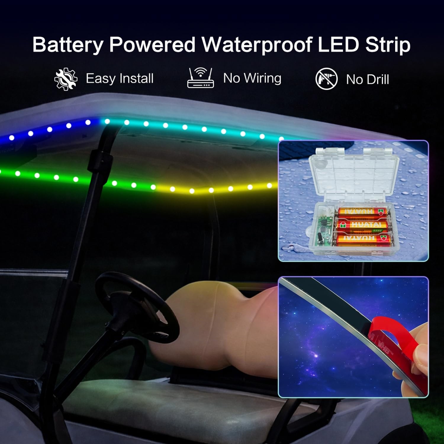 RGB Dream Color Golf Cart Canopy Lights with Remote, 2 Pack, Waterproof 6.56FT