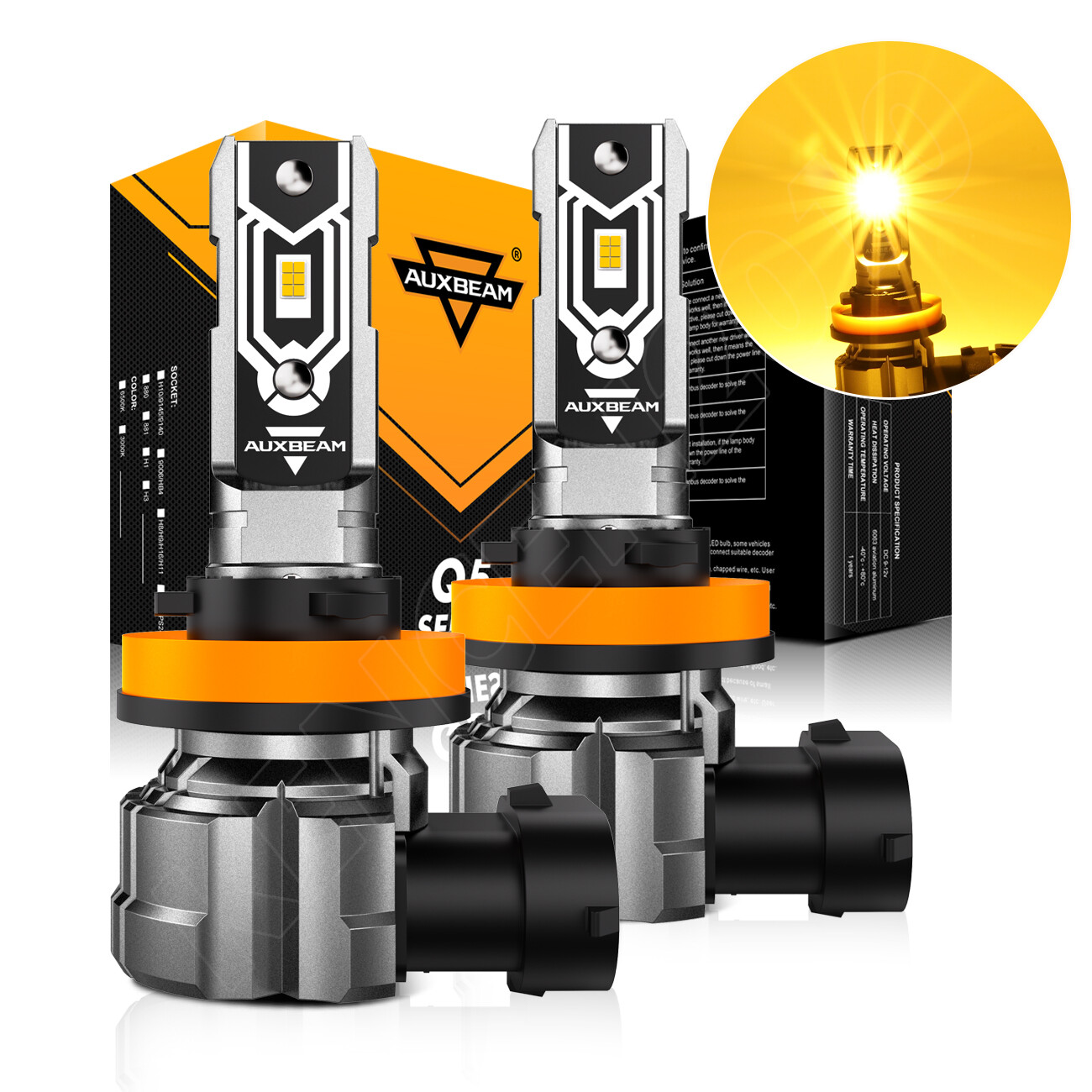 AUXBEAM LED Fog Light Bulbs H8 H11 Amber 3000K Yellow Driving Lamp Bulb DRL 1:1