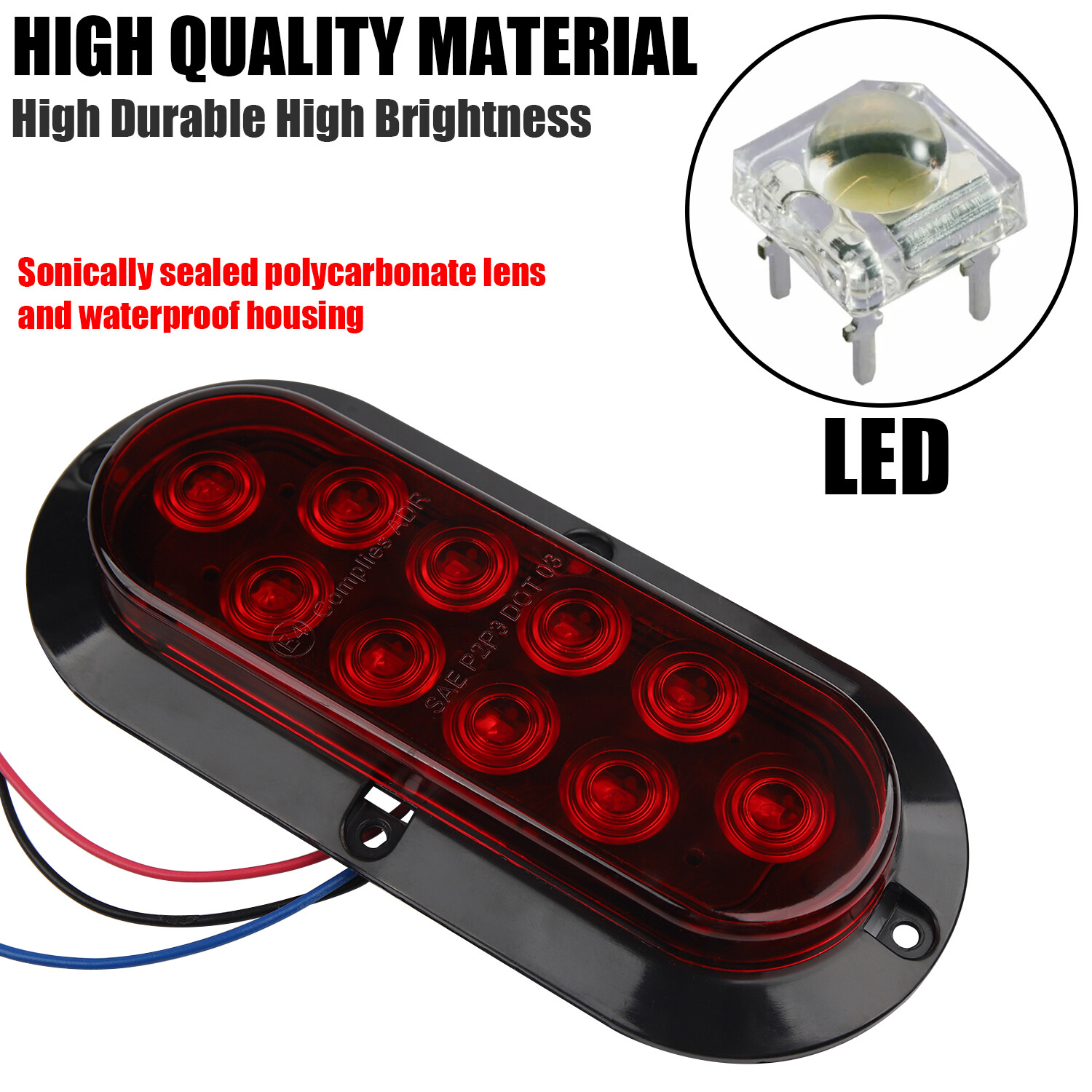 2 Red 6″ Oval Trailer Lights 10 LED Stop Turn Tail Truck Sealed Grommet Plug DOT