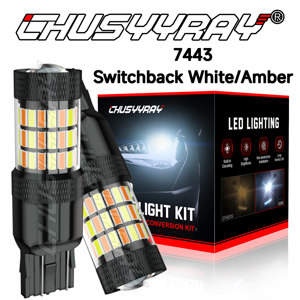 White/Amber High Power 16-SMD 7443 Switchback LED Bulbs For Turn Signal Lights