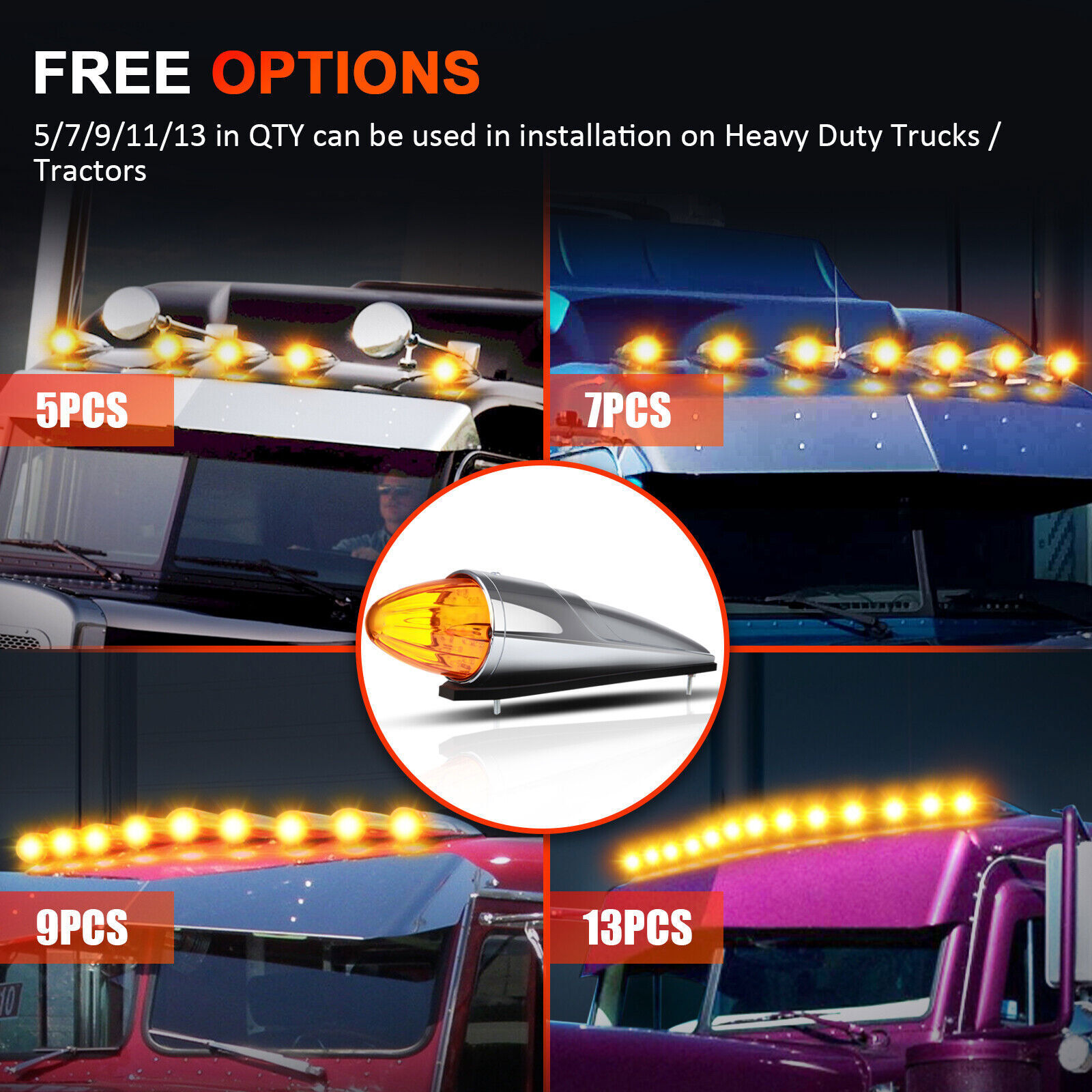 5x 17LED Amber Semi Truck Roof Cab Marker Clearance Light Assembly For Peterbilt