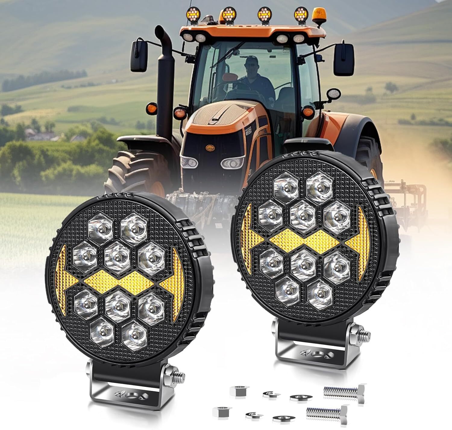 2X 4″ Tractor Lights Pod LED Flood Work W/Amber Auxiliary Spot for Truck SUV ATV