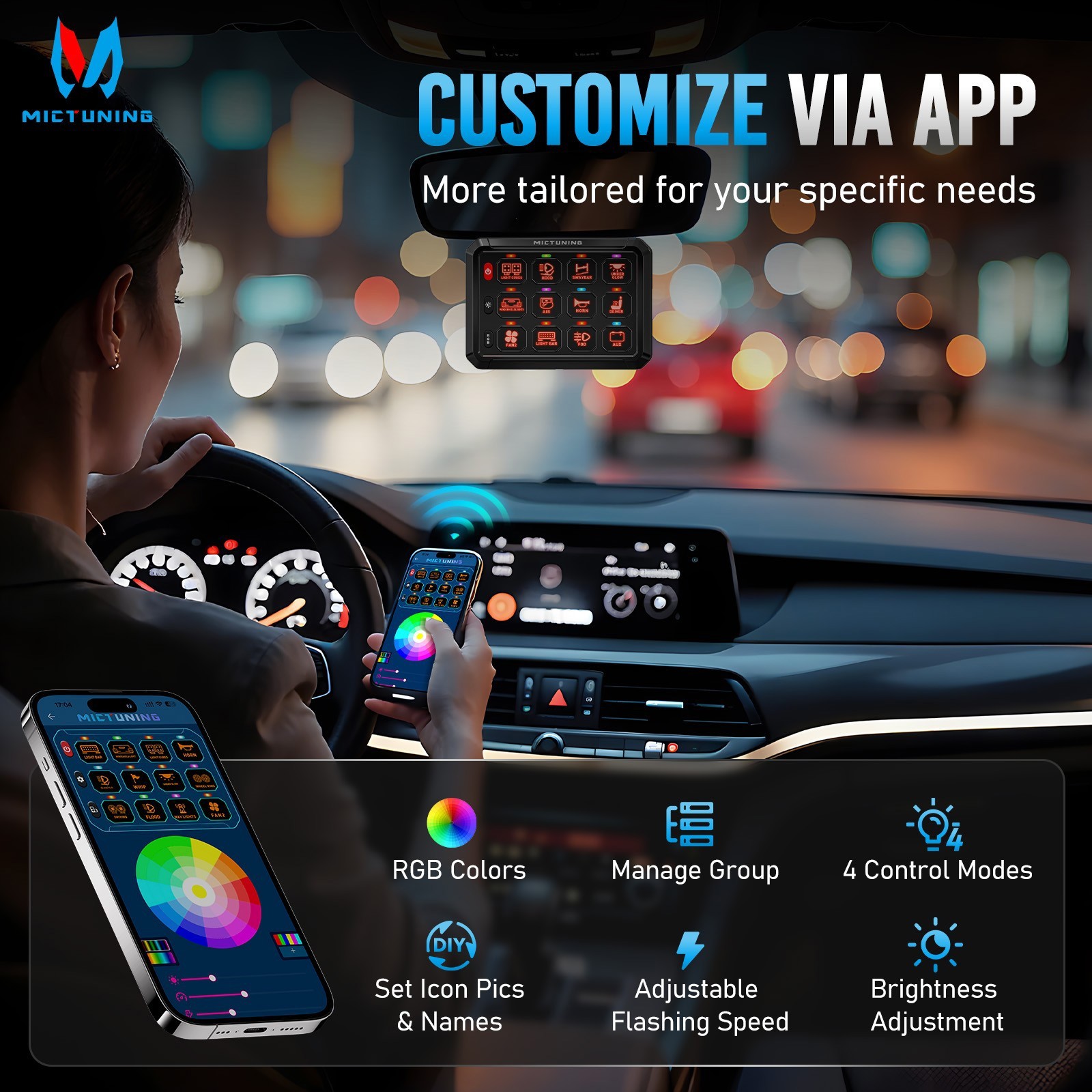 MICTUNING Wireless RGB Switch Panel 12/24v LED Circuit Remote/APP Control System