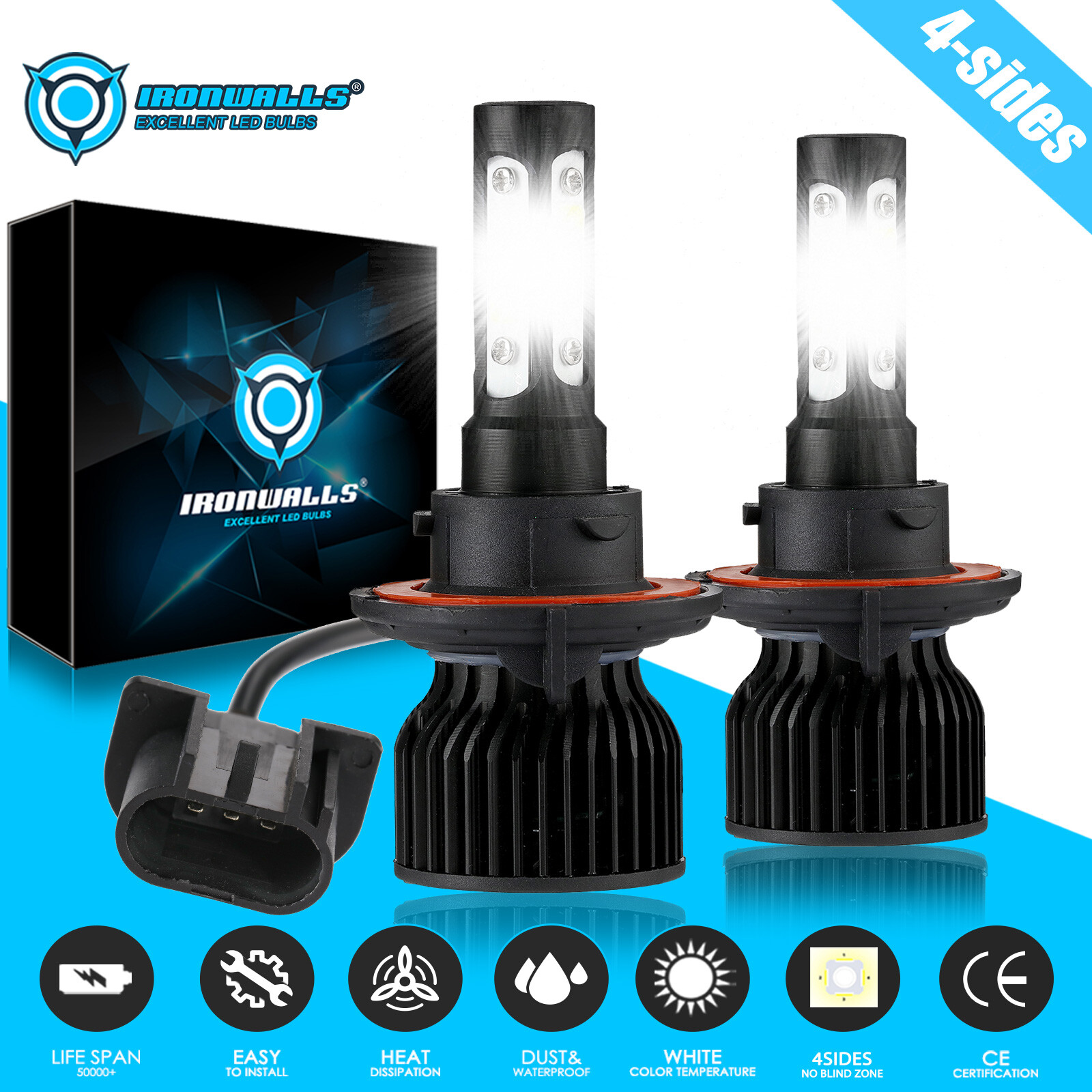 4-Sides H13 9008 LED Headlight Bulbs Kit High & Low 1500000LM Super Bright White