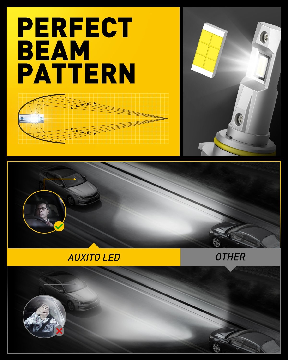 AUXITO Combo 9005 2 Headlight LED Bulbs Kit High Beam Low Super White 30000LM
