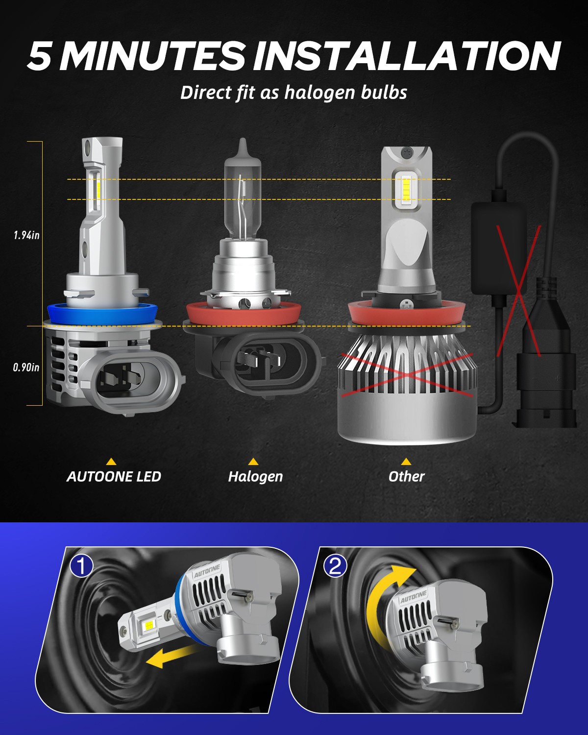 Pair H8/H9/H11 LED Headlight Bulb High Low Beam 6500K White 28000LM Super Bright