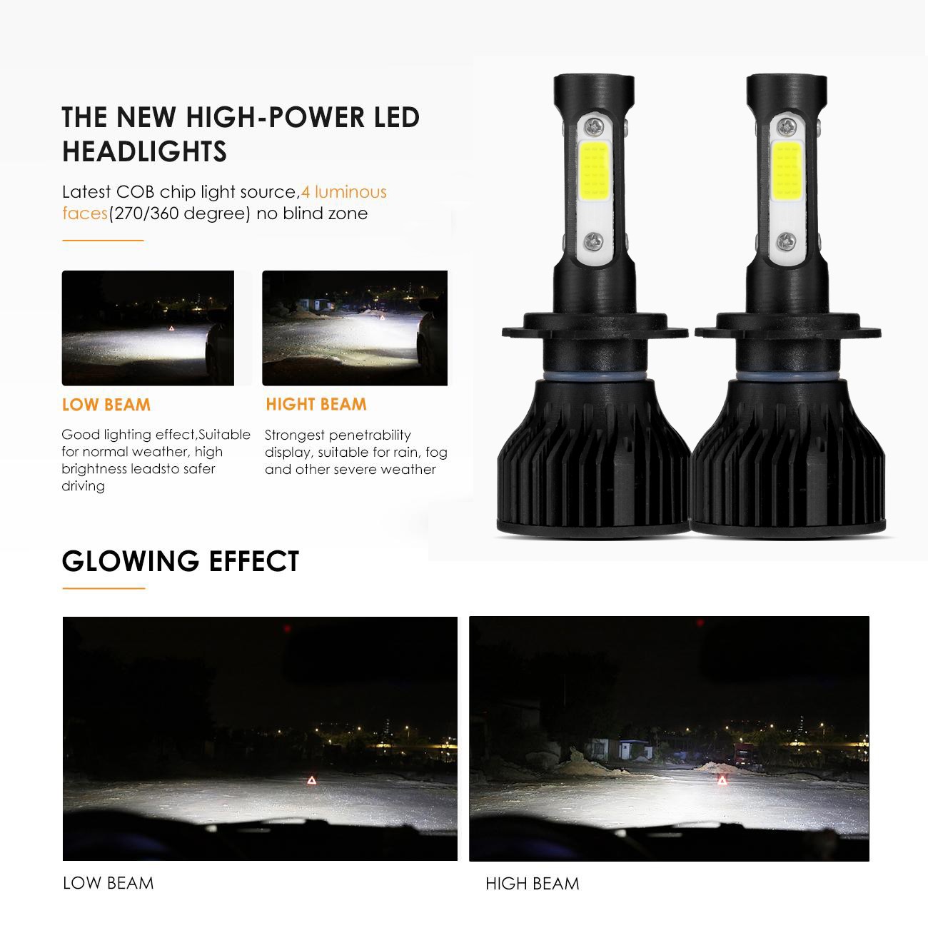 4-sides H7 LED Headlight Bulbs Conversion Kit High/Low Beam 6000K Super Bright