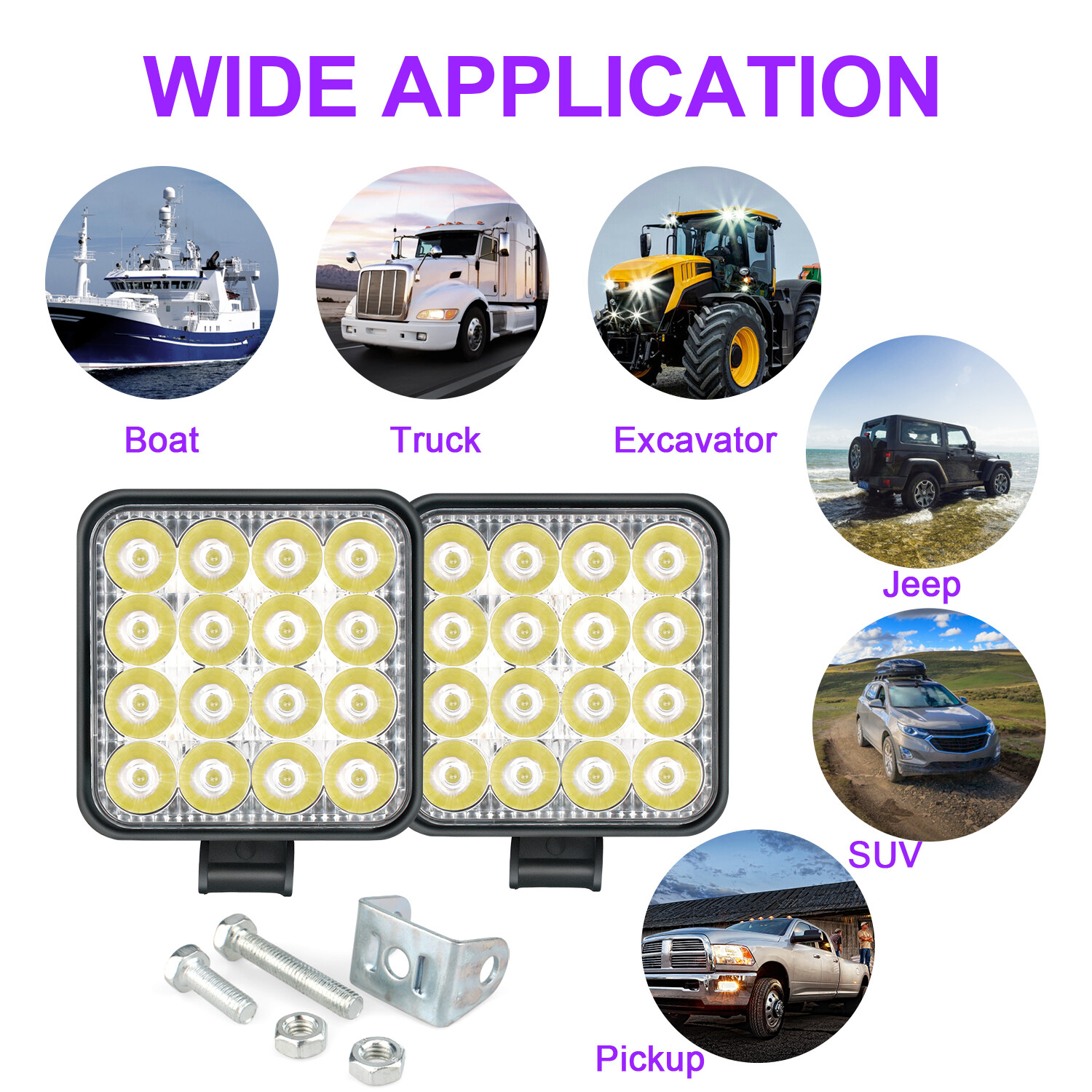 6PCS 4inch 48W LED Work Light , Square Flood Lights for Truck Tractor Off-Road