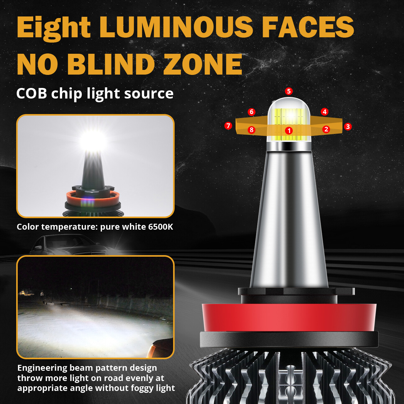 8Side H11 H8 H9 LED Headlight Kit High Low Beam Bulb Bright 6500K White 380000LM