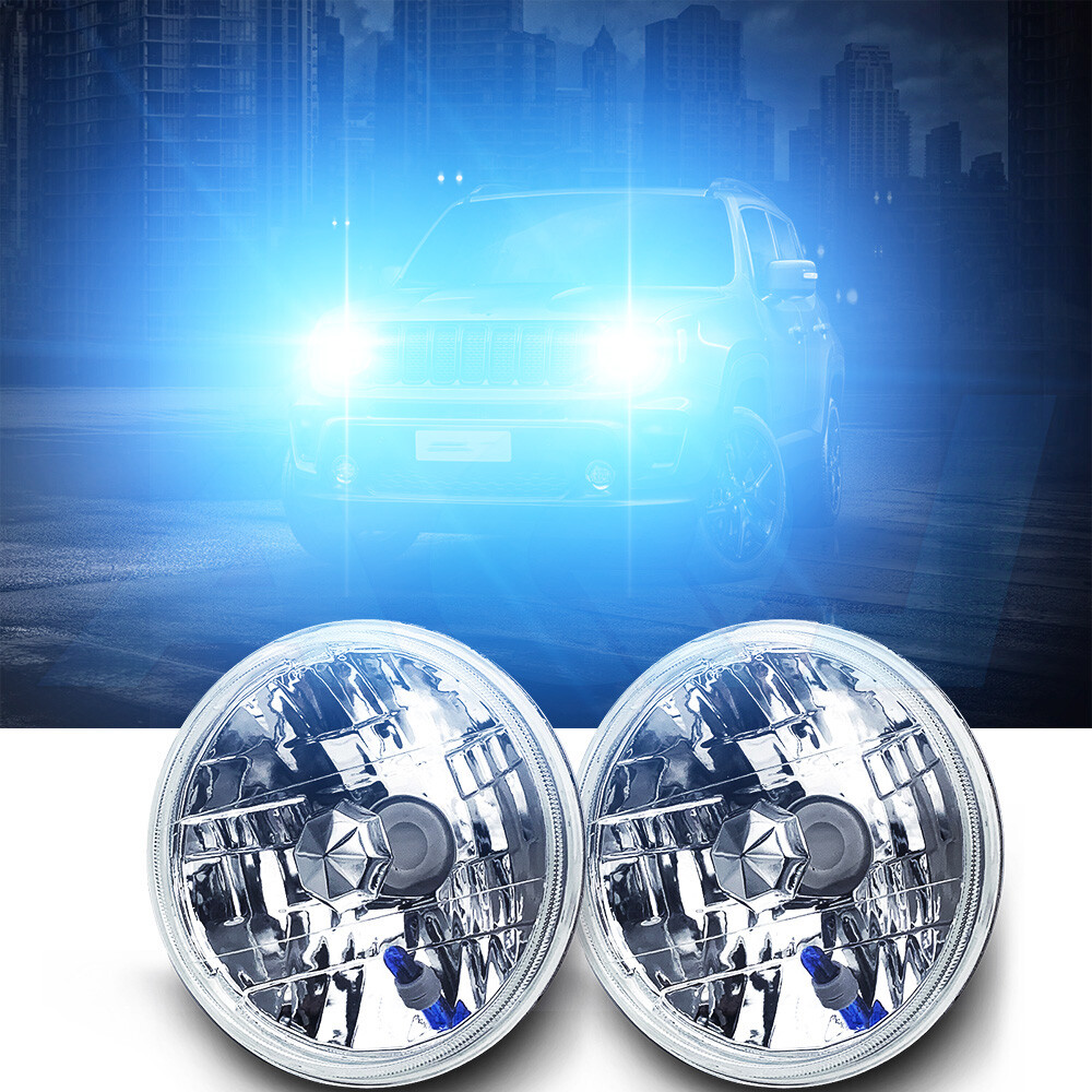 7″Inch Blue led GLASS Headlight Round, ORIGINAL CLASSIC LOOK Conversion Chrome