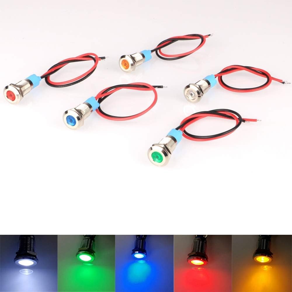 LED Indicator Light 8mm Waterproof AC/DC 12-24V Red Orange Blue Green White