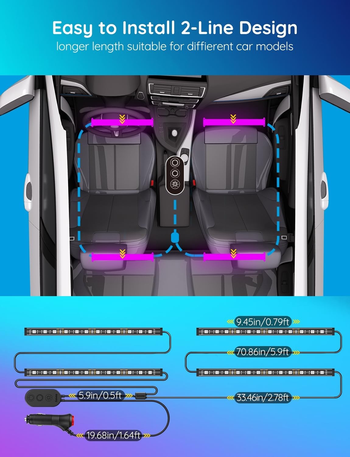 RGB Smart Car Interior LED Lights – App Control, DIY & Music Modes, 12V Charger