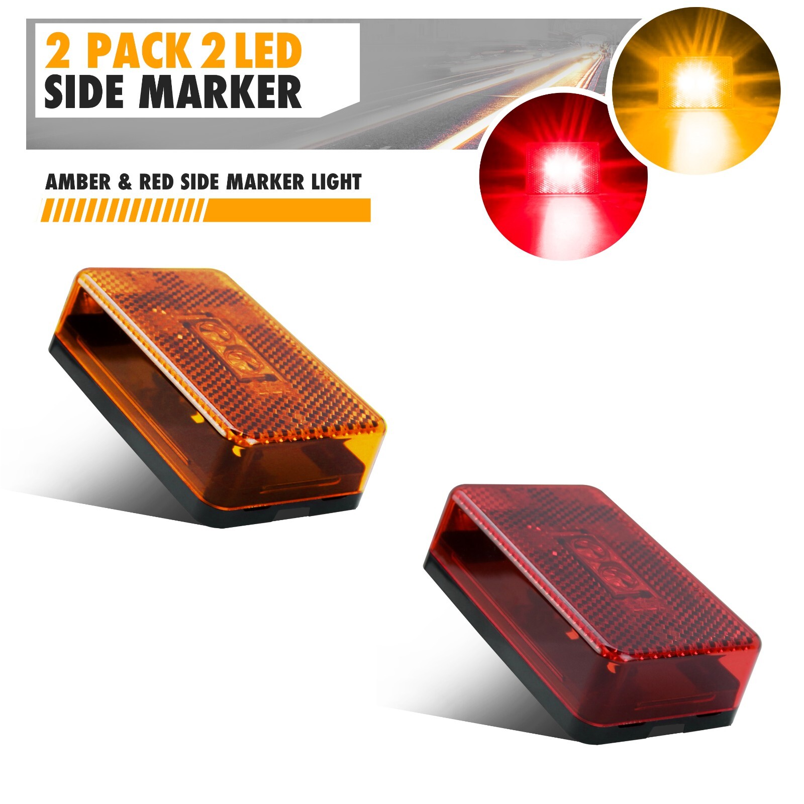 2X Red & Amber 2 LED Side Marker Indicator Lights Car Truck Trailer 3″ x 2″