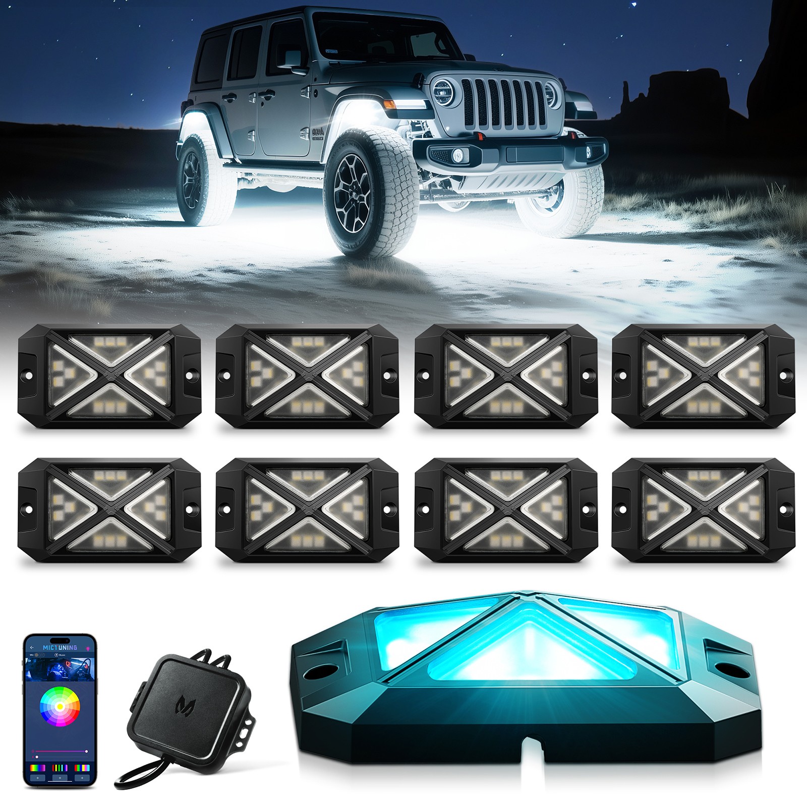 MICTUNING RGB Rock Lights 4 Pods Underglow Underbody Neon Lights for Truck ATV