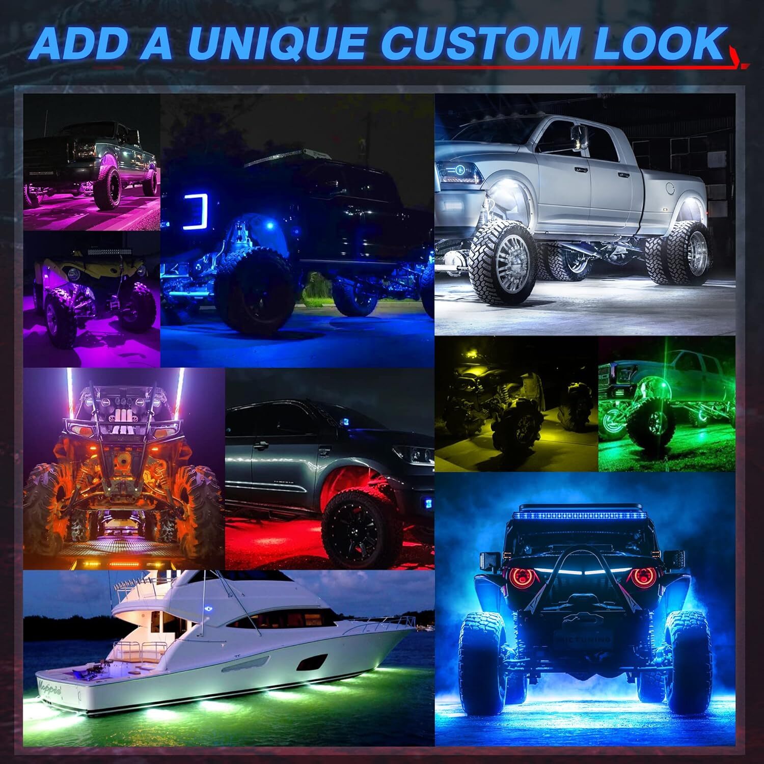 MICTUNING RGB LED Rock Lights 8 pods Under Car Truck Neon Lights Music Bluetooth