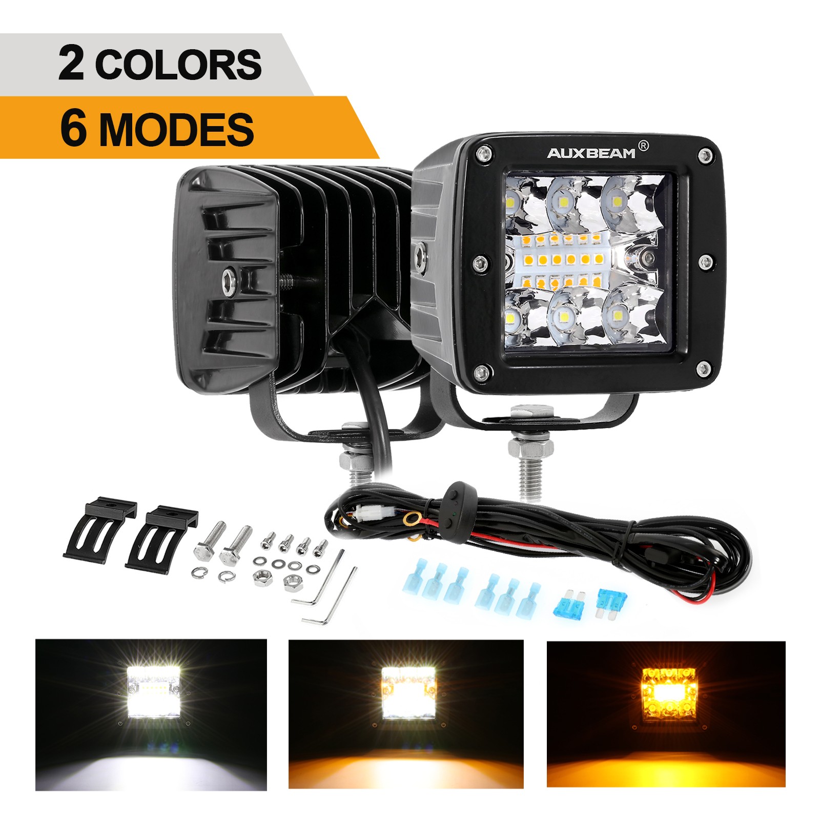 Auxbeam 2X 3“ LED Work Light Strobe Amber White For Polaris RZR 800/900/1000/XP