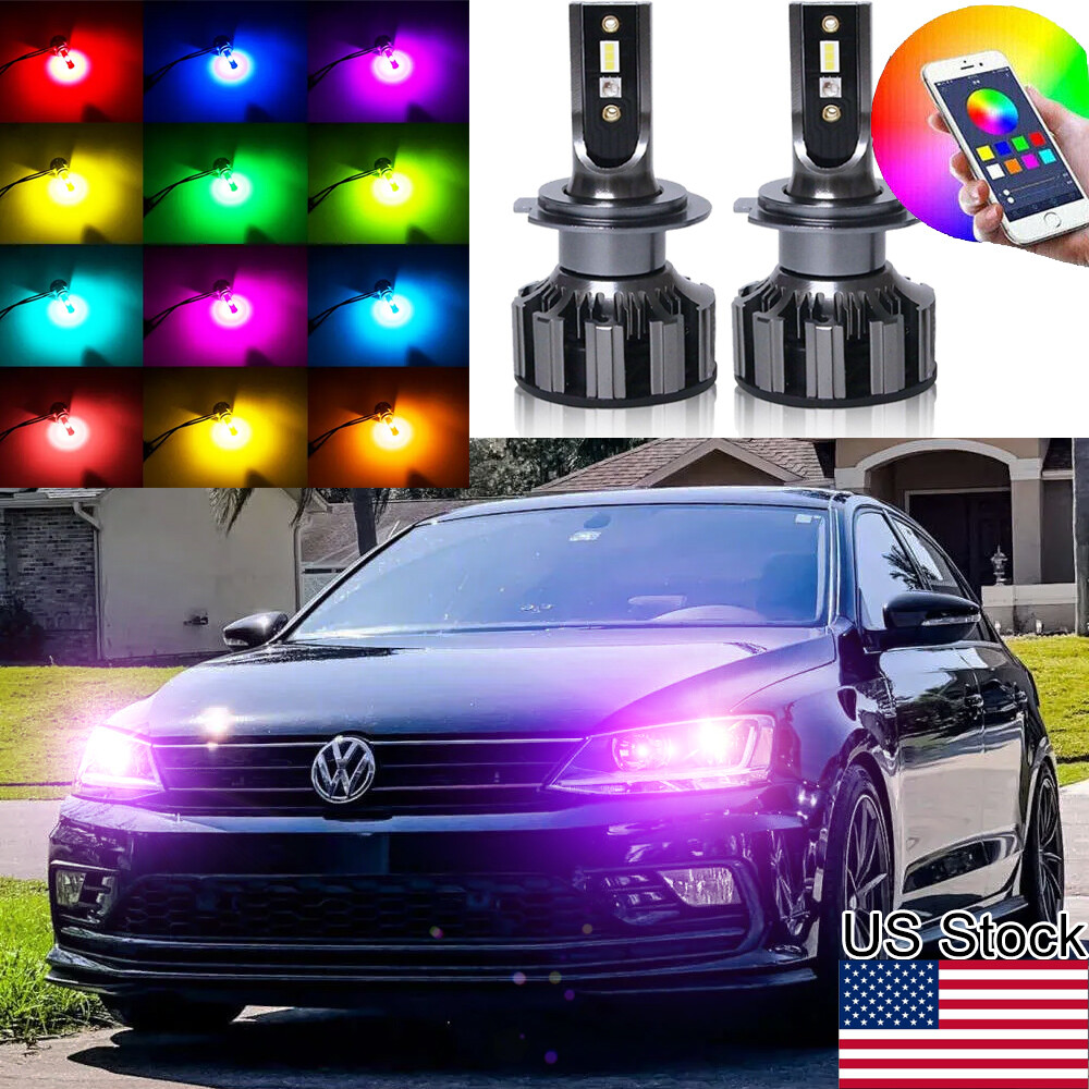 H7 RGB LED Phone Bluetooth Control Headlight High Low Beam Bulb For Volkswagen
