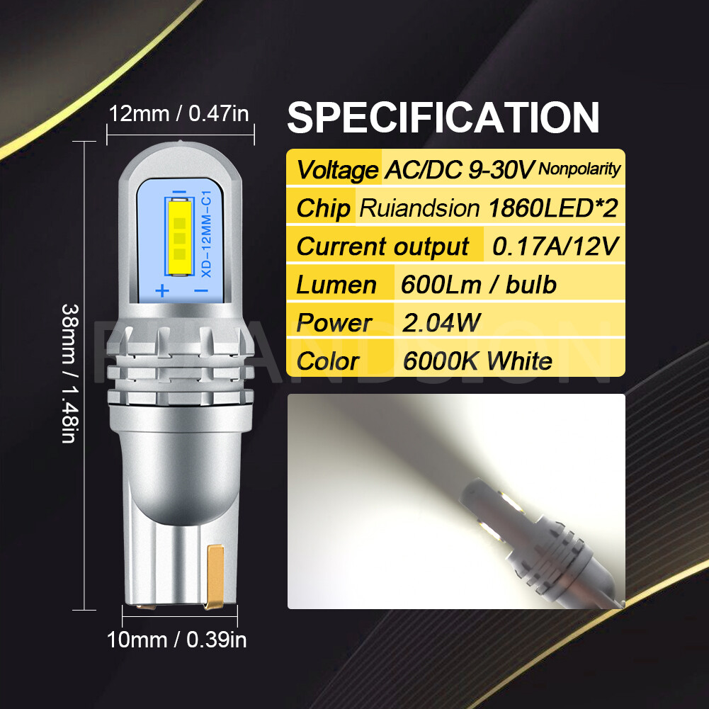 Ruiandsion T10 LED Bulb W5W Automotive Interior Lights 9V-30V AC/DC 600lm 4Color