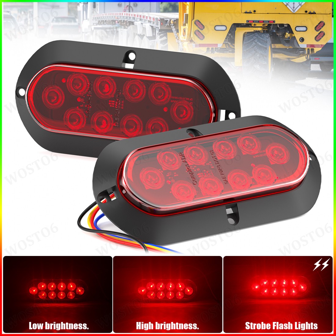 2X Oval Flush Mount Red (Flash) LED Truck Trailer Stop Tail Brake Lights 6 Inch
