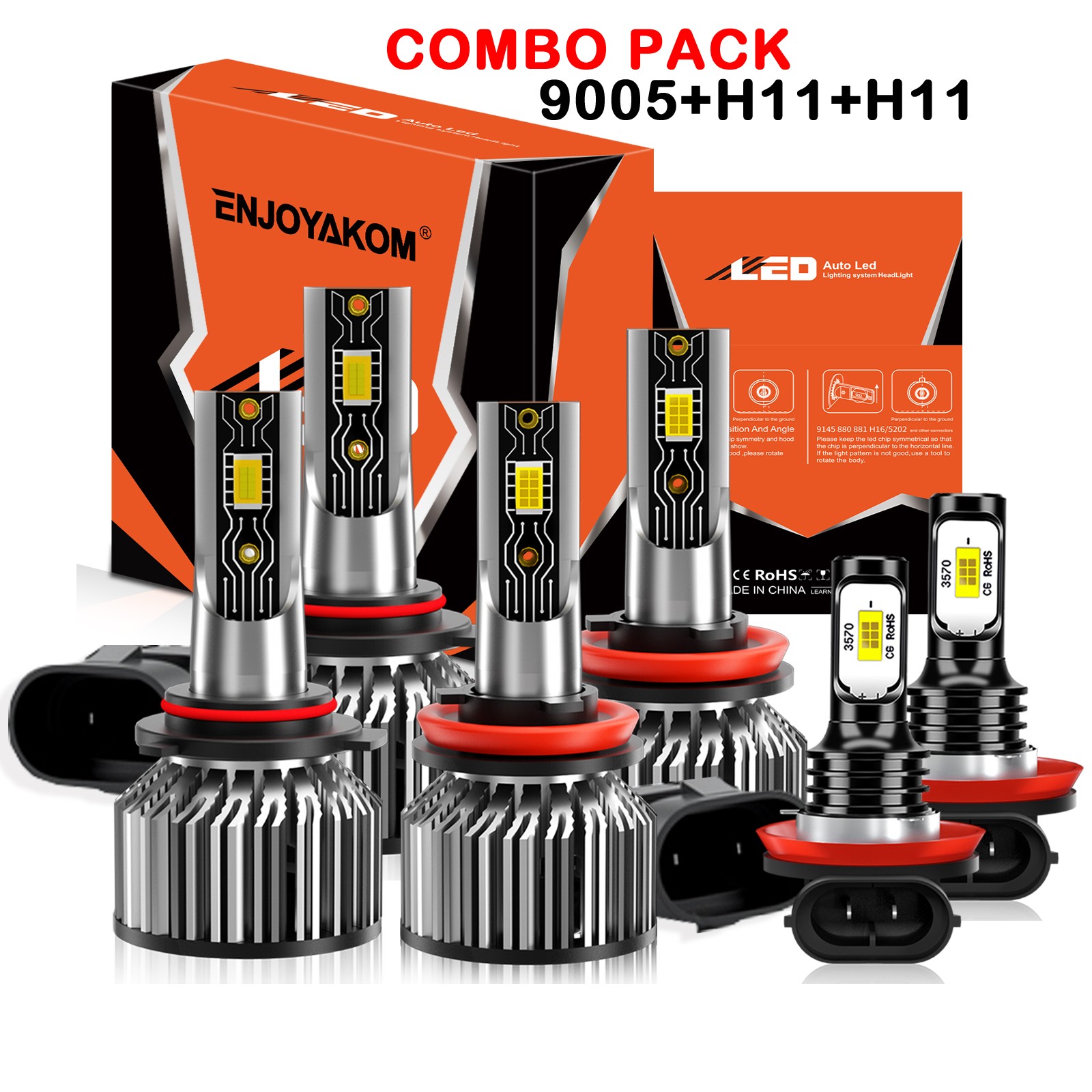 9005 H11 H11 LED Headlight+Fog Light Super Bright Bulb Kit 12000K White High Low