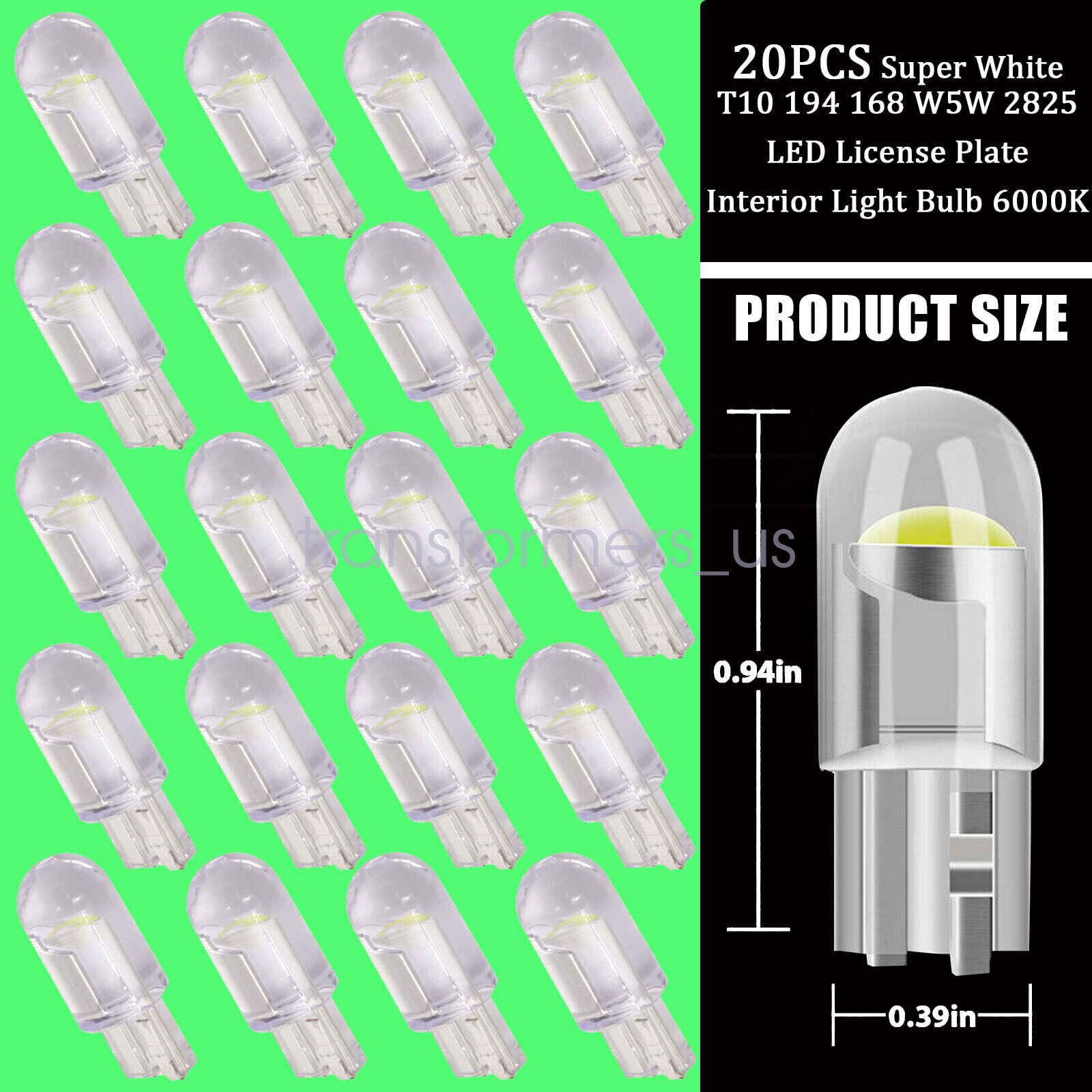 20Pc White T10 194 168 W5W 2825 LED License Plate Interior Light Bulb 6000K