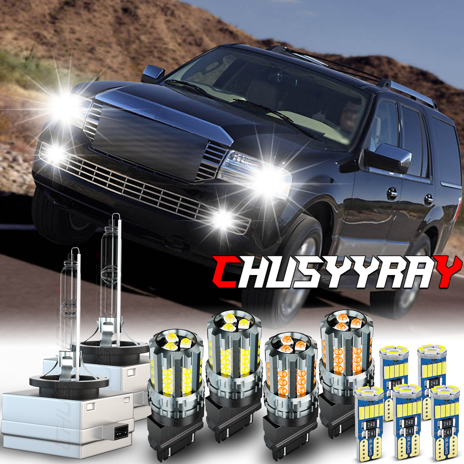 6000K Headlight & 3000K Amber Turn Signal Bulbs for Lincoln Navigator 2007-2014