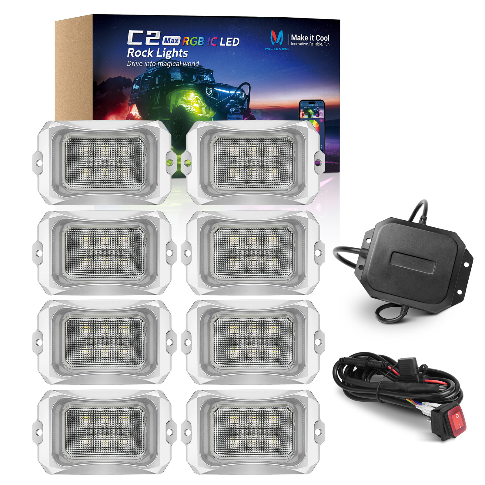 MICTUNING RGB/RGB+IC LED Rock Lights, 8/12/16/20 Pods Underglow Led Chasing Lamp