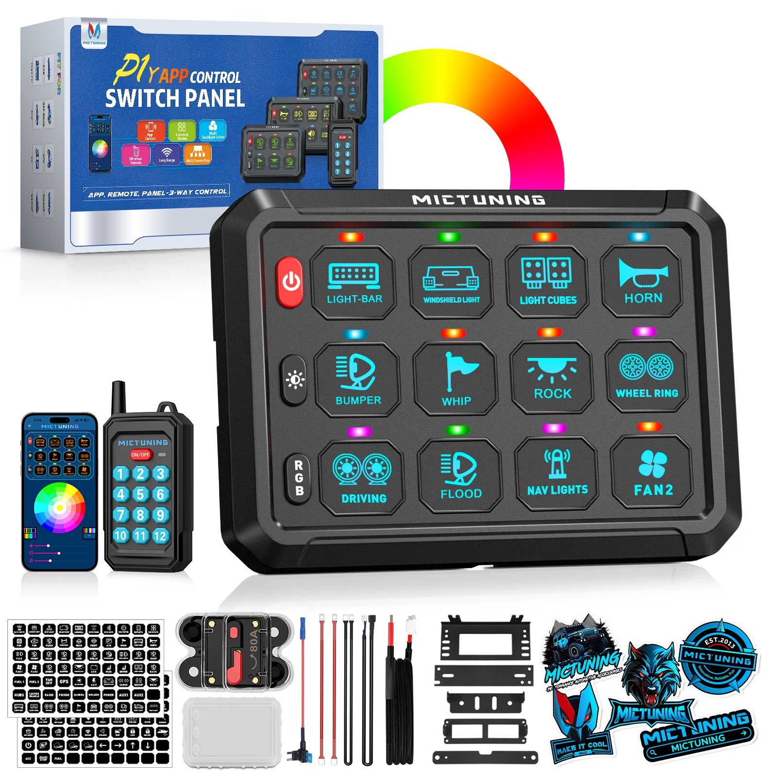 MICTUNING Wireless RGB Switch Panel 12/24v LED Circuit Remote/APP Control System