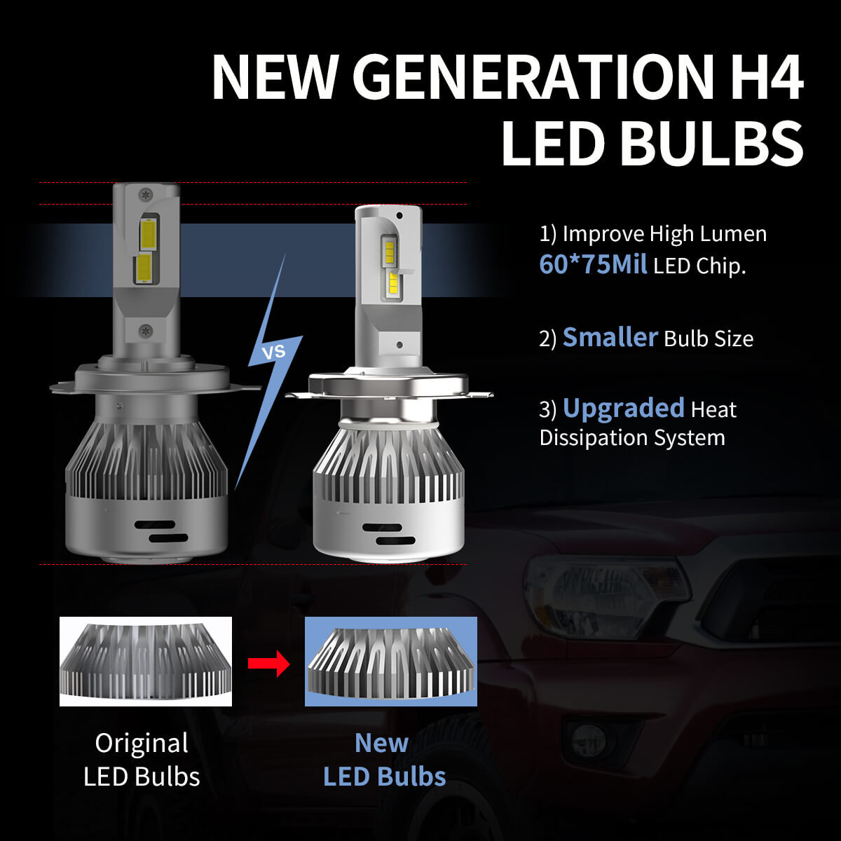 9003 H4 LAplus LED Headlight Bulbs Kit 60W 6000LM Hi/Lo Beam Super Bright White