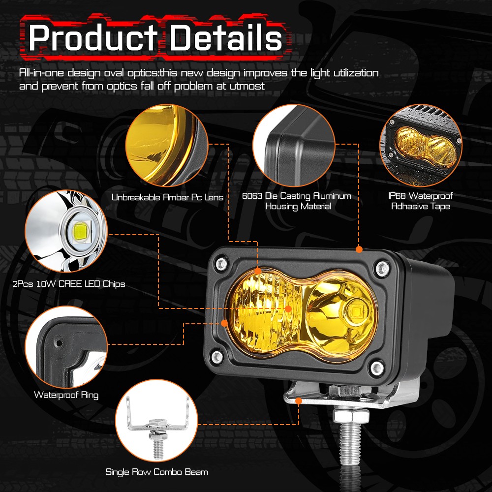 2Pcs 3inch LED Cube Pods Work Lights Front Bumper LED Fog Driving Lamp Boat ATVs