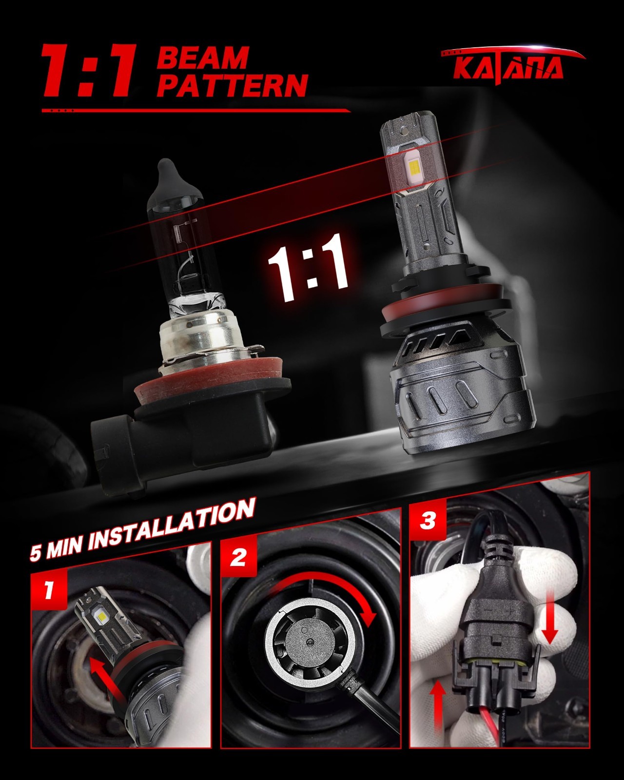 KATANA 9005 H11 Bulbs Combo, 800% Brightness 6500K White Plug and Play 1:1 Size