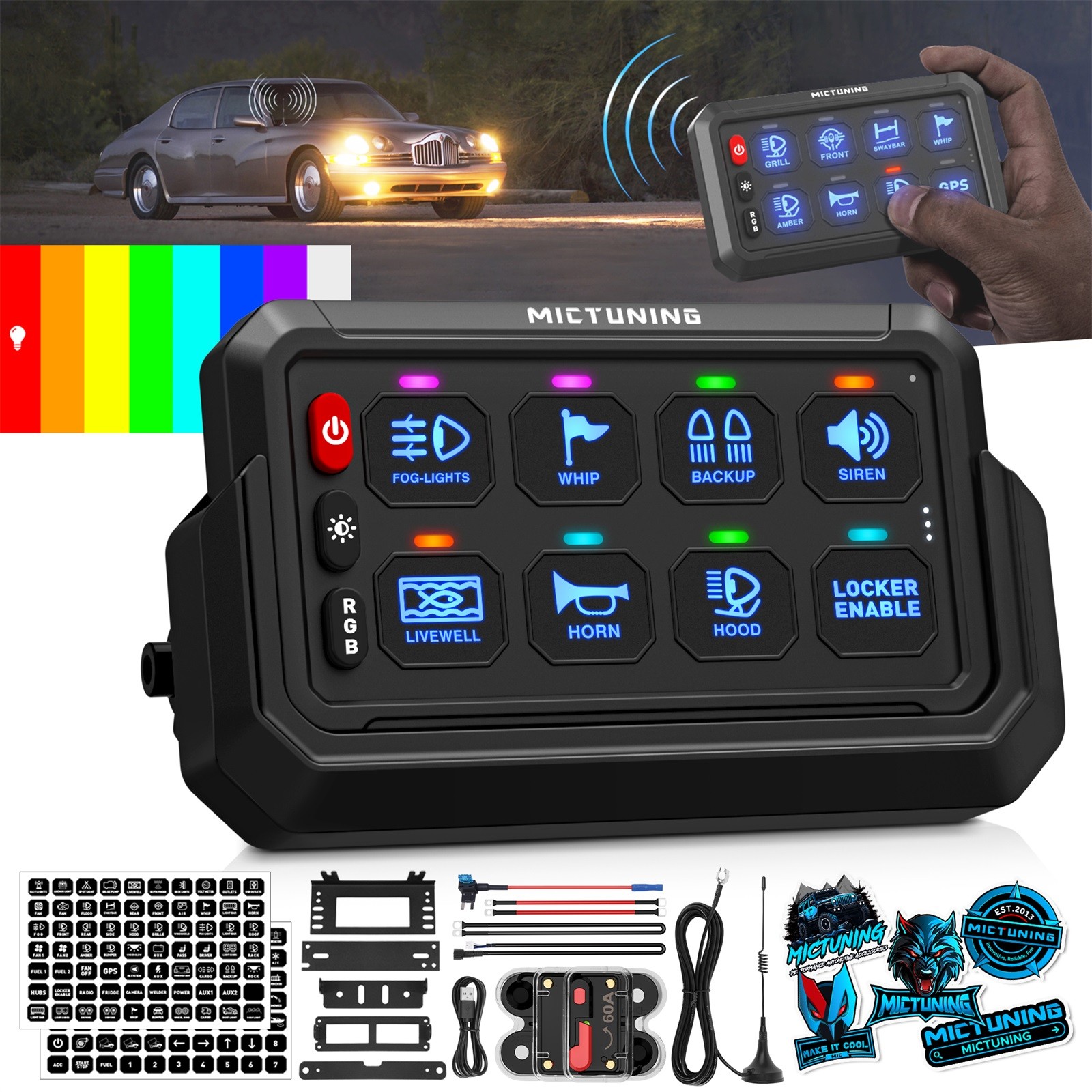 MICTUNING P1s Wireless RGB 8 Gang Switch Panel 12V Auxiliary Circuit Control Box