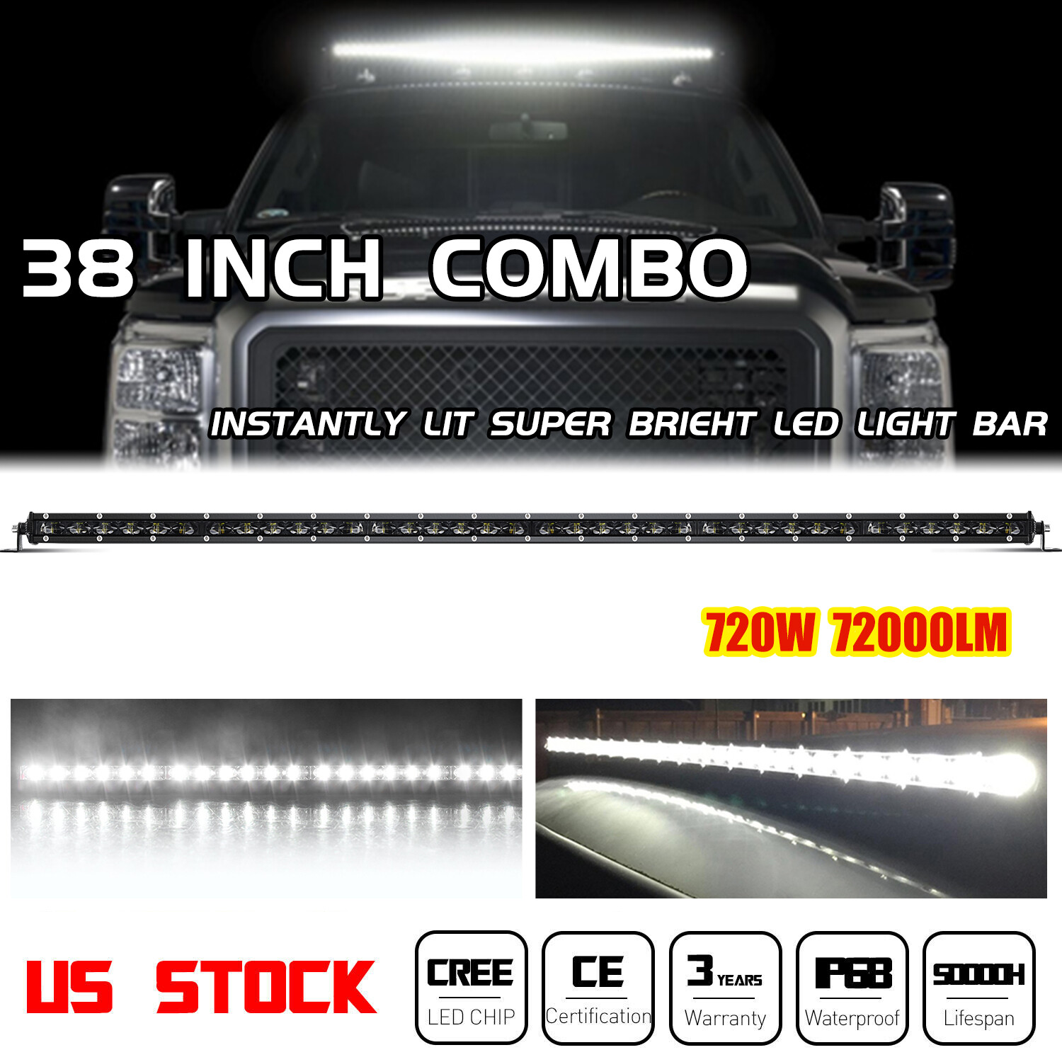 38 inch 720W Single Row Bumper LED Light Bar for GMC ATV Truck 234W 37″ 39″