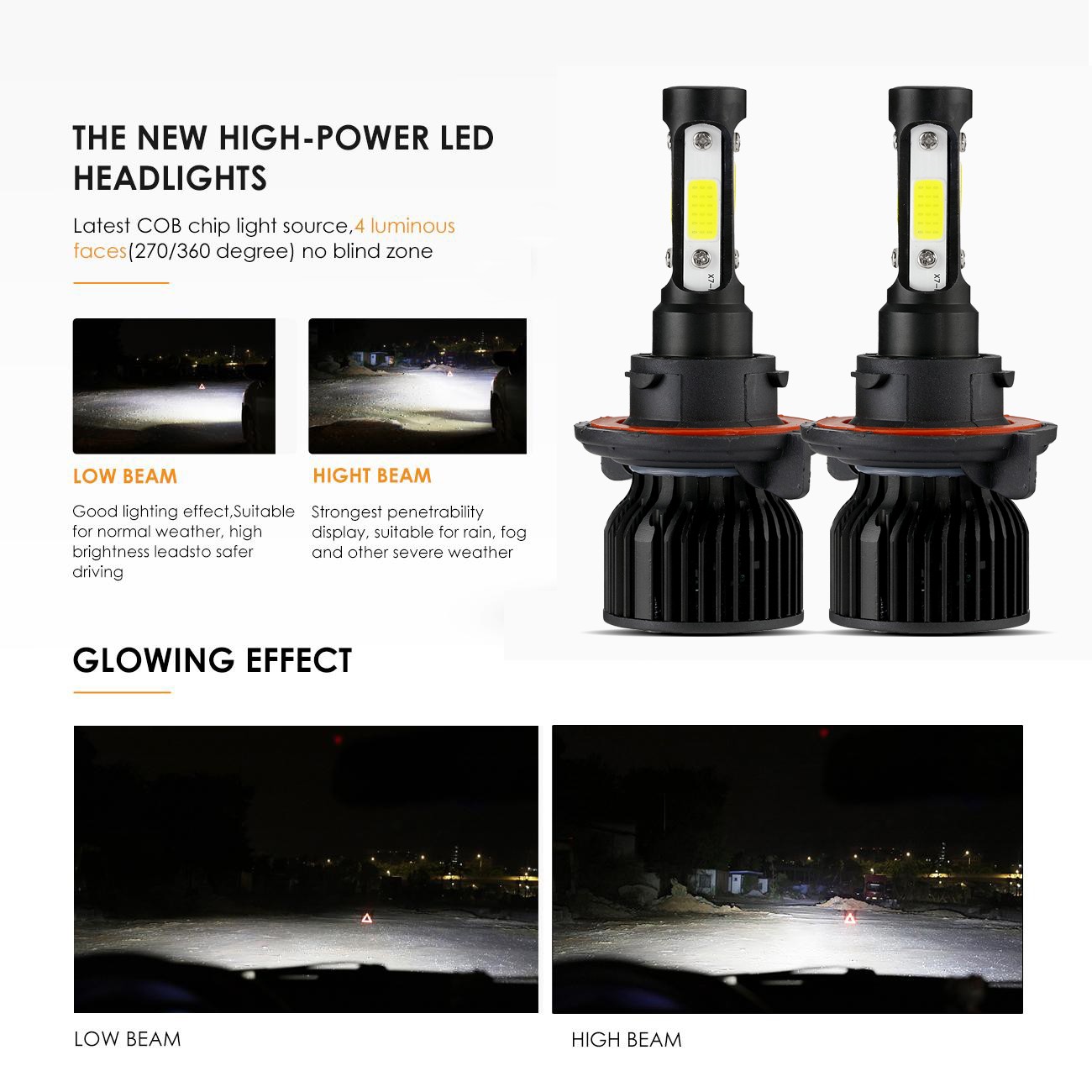 4 Sides 9008 H13 LED Headlight Kit Bulbs 6500K Super Bright High Low Dual Beam