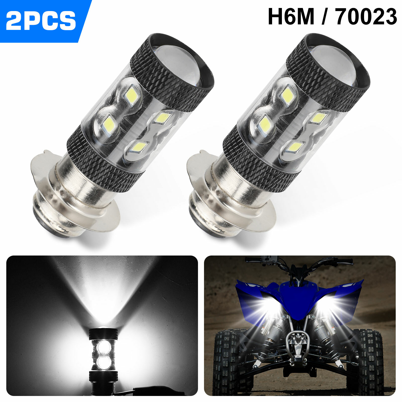 2x 6000K HID White H6M LED Headlight For Yamaha YFZ450R Rhino 700 Raptor YFM660