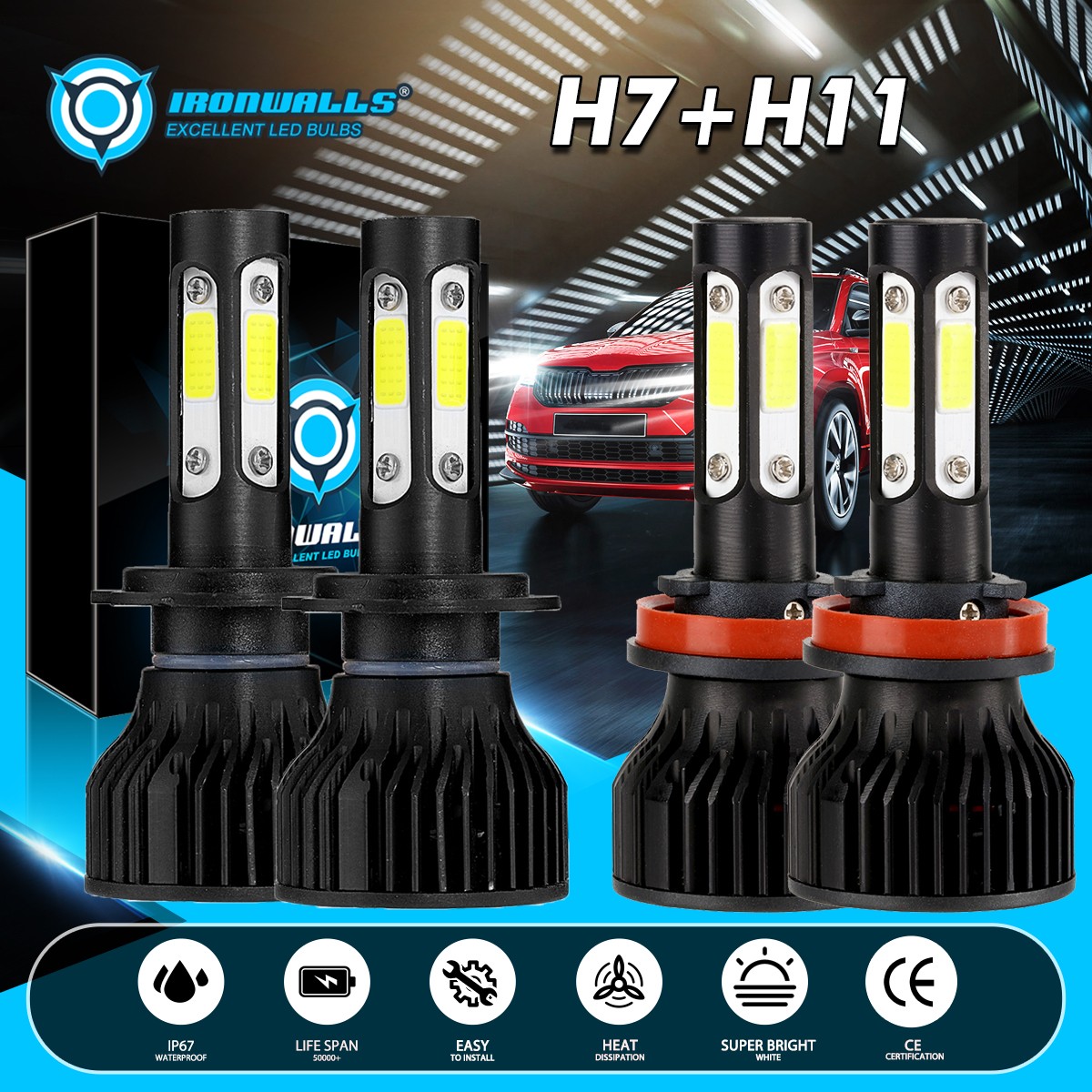 4-Sides H7 H11 LED Headlight Bulbs High Low Beam White For GMC Acadia 2007-2012