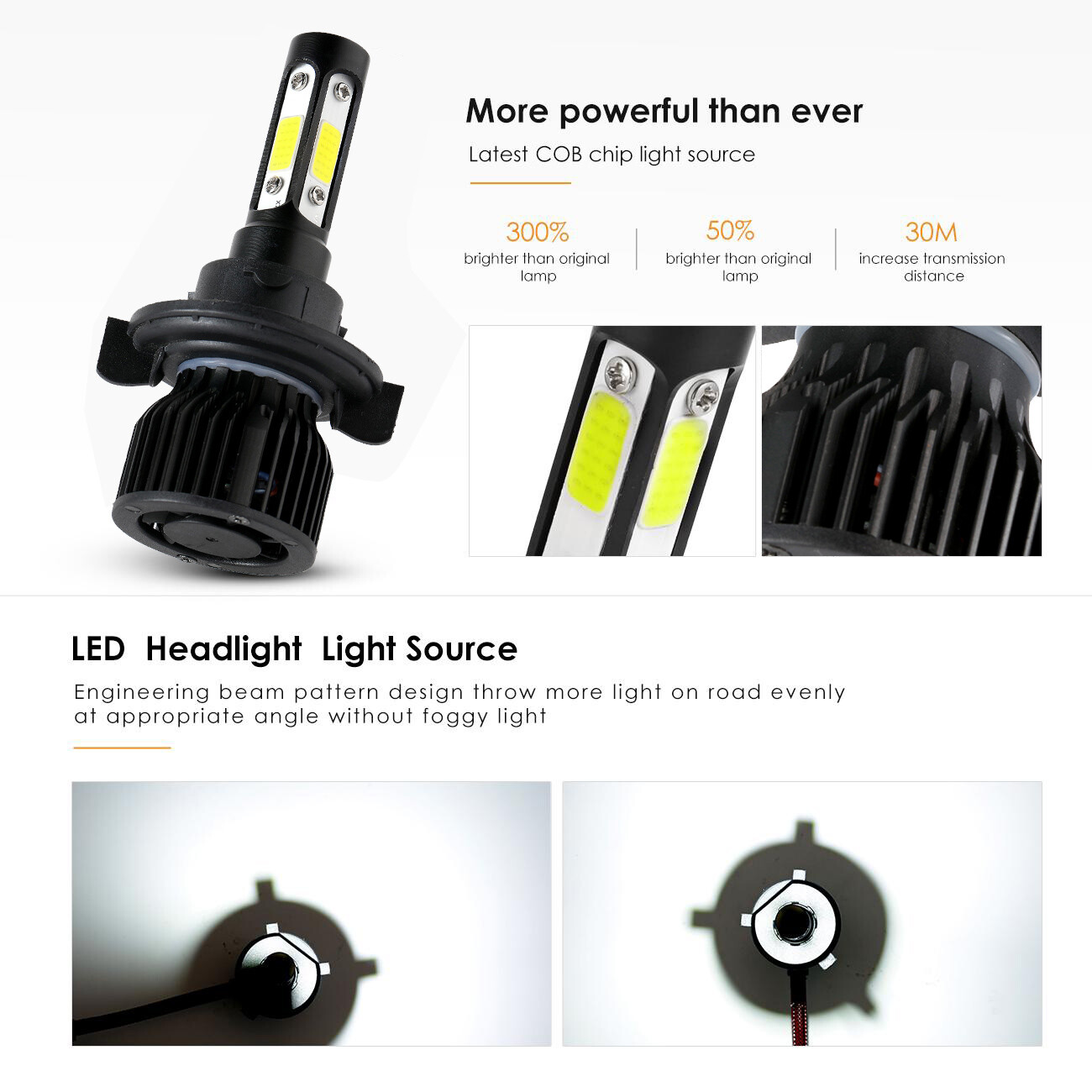 4-Sides H13 9008 LED Headlight Bulbs Kit High&Low Combo Bright White Conversion
