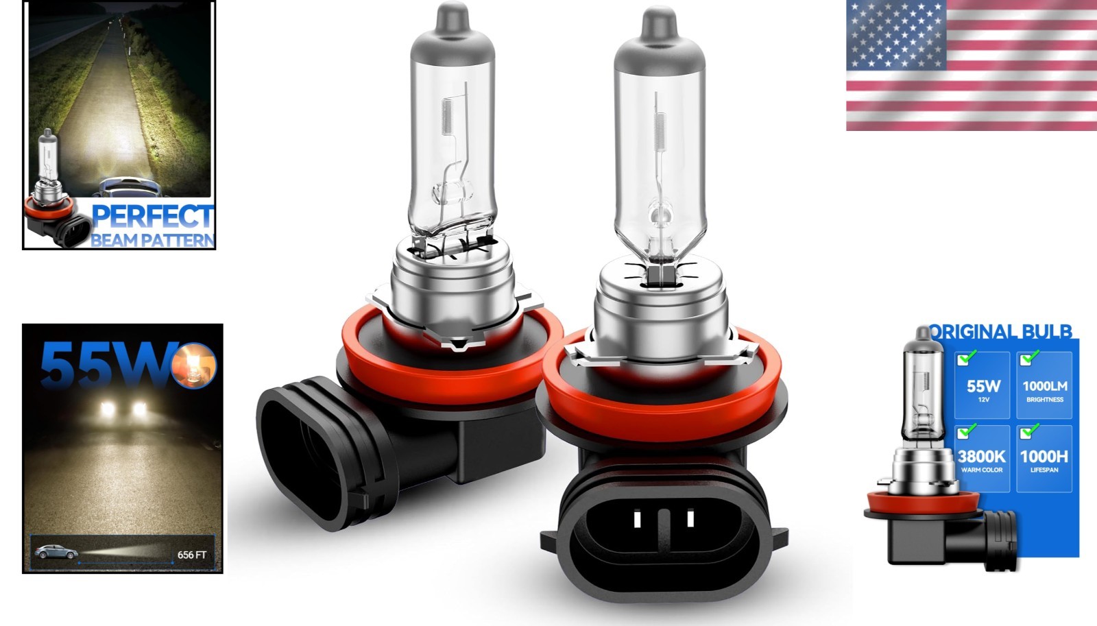 Long-Lasting H11 Headlight Bulbs 1000LM & 1000 Hours – Easy Install Amber Light