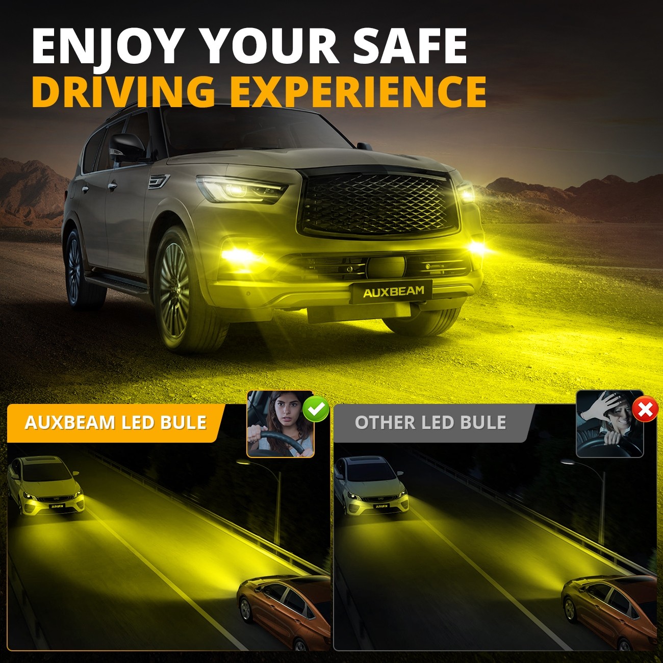 AUXBEAM 9005 H11 LED Headlight Bulbs High/Low Beam White/Yellow Super Bright 2/4