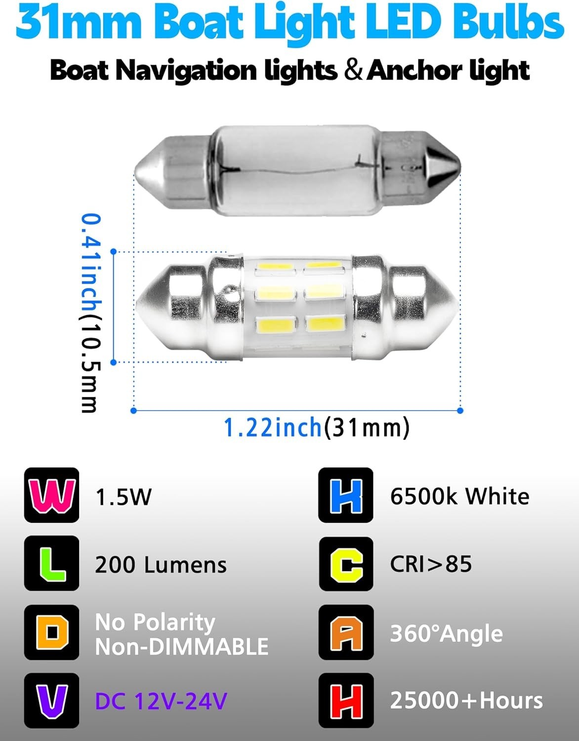 Versatile 31mm Marine LED Bulbs, 200LM Brightness for Bow & Stern Lights, 2 Pack