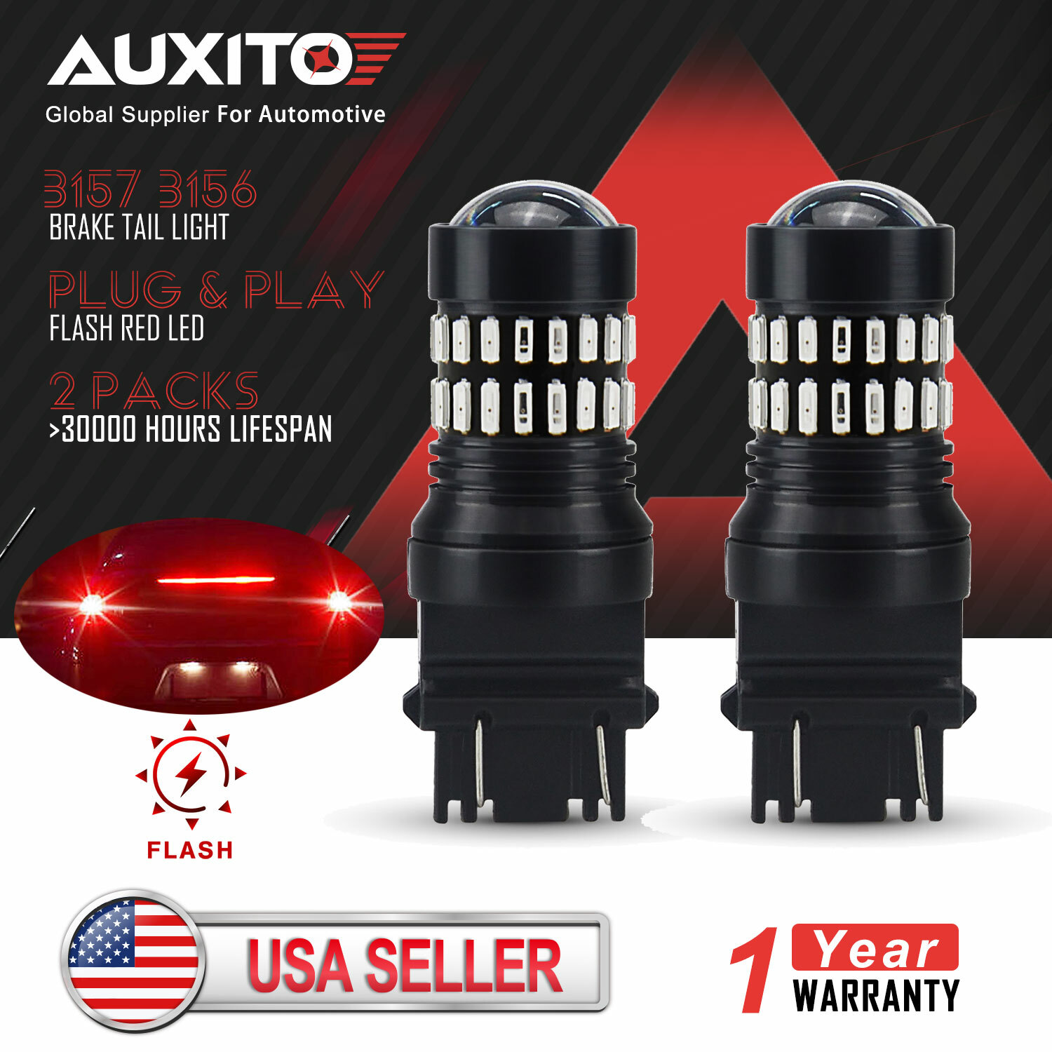 2x AUXITO 3157 3156 Brake Tail Stop Light Red Flash Strobe Blinking LED Bulb d