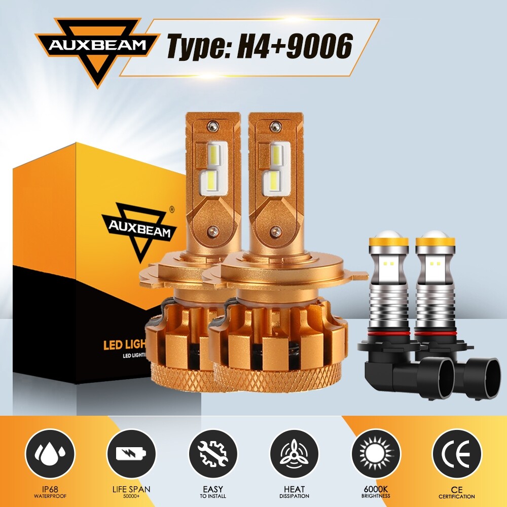 AUXBEAM 70W Hi Lo Beam H4+9006 Car LED Headlights Bulb 6000K Fog Light F-16 Plus
